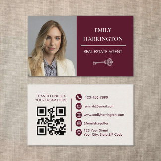 Classic Key QR Code Maroon Real Estate Agent Visitenkarte