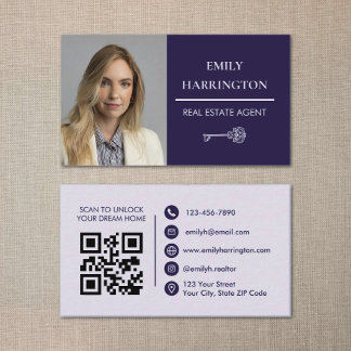 Classic Key QR Code Purple Real Estate Agent Visitenkarte
