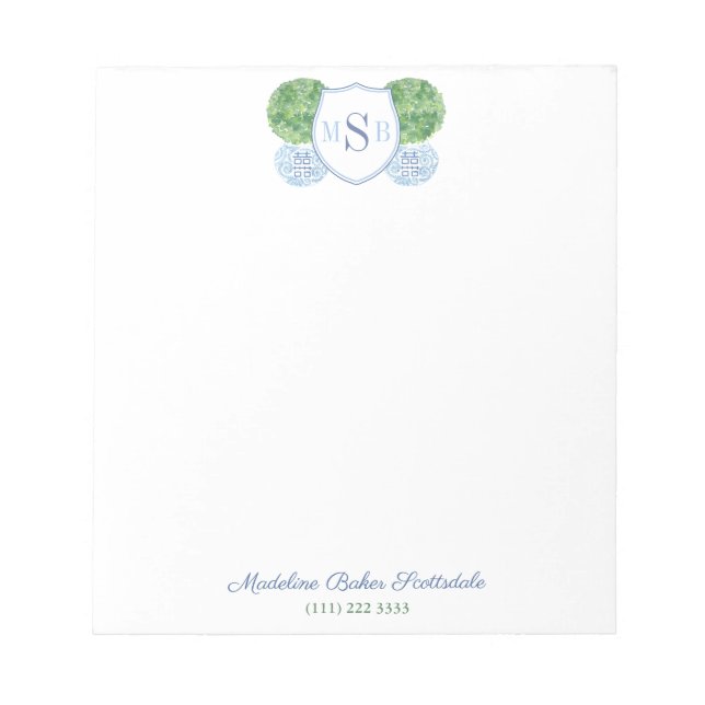 Classic Ladys Blue und Green Monogram Ginger Jar Notizblock (Vorderseite)