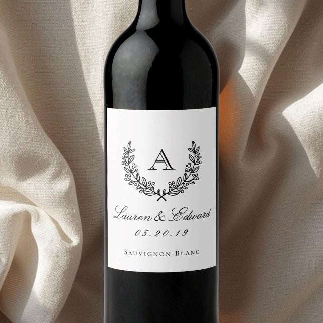 Classic Laurel Monogram Wedding Wine Bottle Labels Weinetikett (Von Creator hochgeladen)