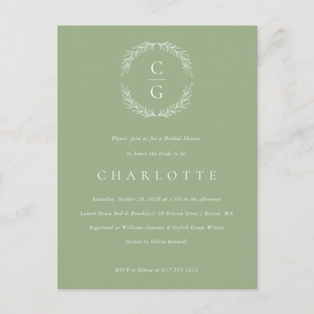 Classic Laurel Wreath Bridal Dusche Einladung Postkarte (Vorderseite)