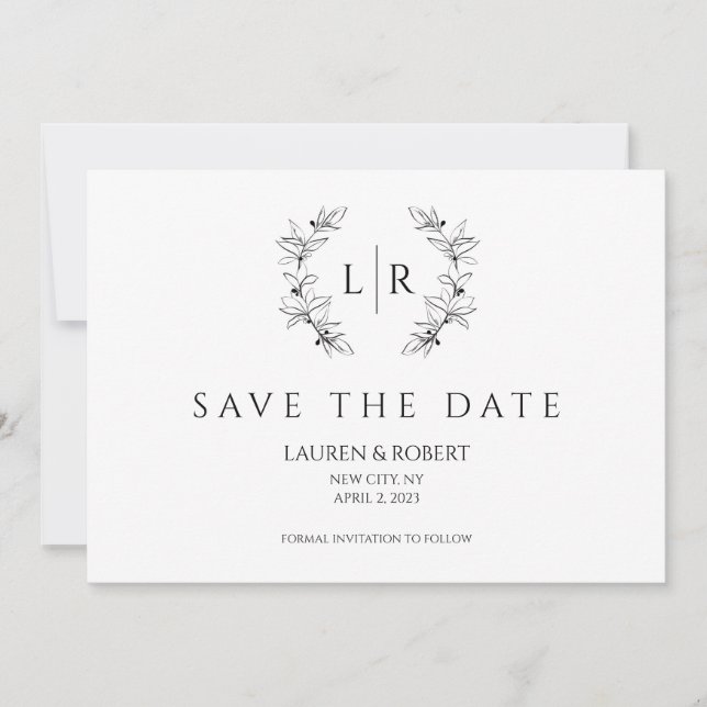 Classic Laurel Wreath Monogram Save the Date Einladung (Vorderseite)