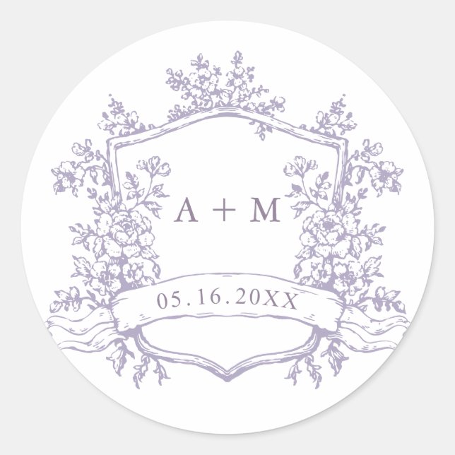 Classic Lavender Floral Crest Monograms Runder Aufkleber (Vorderseite)