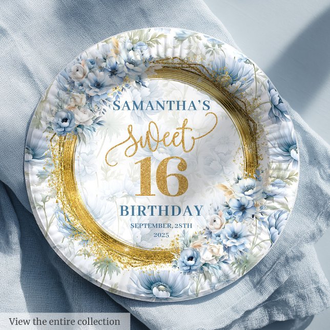 Classic Light Blue 16 . Geburtstag Gold Glitzer Pappteller (Classic Light Blue Sweet Sixteen Gold Glitter Paper Plates)