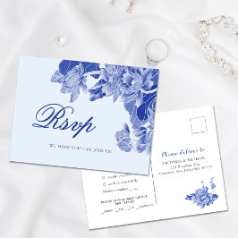 Classic Light Blue Chinoiserie Floral Wedding RSVP Postkarte