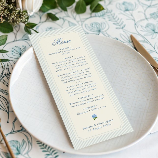 Classic Light Blue Stripes Hydrangea Wedding Menükarte (classic blue pinstripes wedding menu)