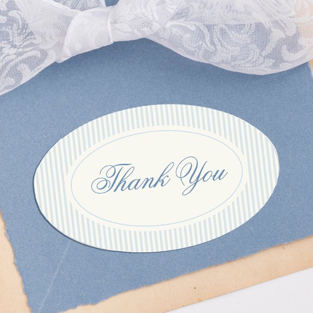 Classic Light Blue Stripes Thank You Wedding Ovaler Aufkleber (classic light blue stripes wedding thank you stickers with elegant script)