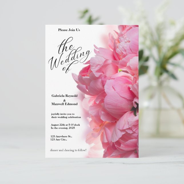 Classic Light Pink Peony Floral Wedding Einladung (Stehend Vorderseite)