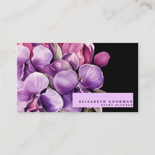 Classic Lila Orchids Black Business Cards Visitenkarte (Vorderseite)