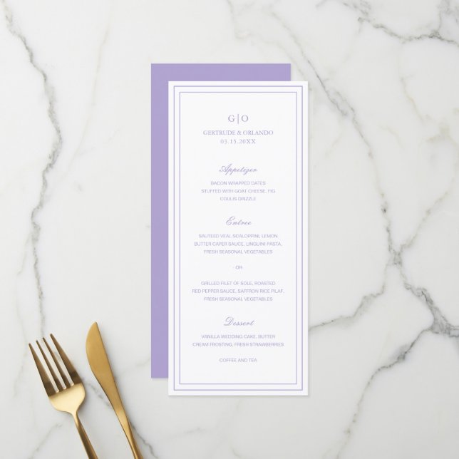 Classic Lilac Elegant Wedding Menükarte (Vorderseite/Rückseite Beispiel)