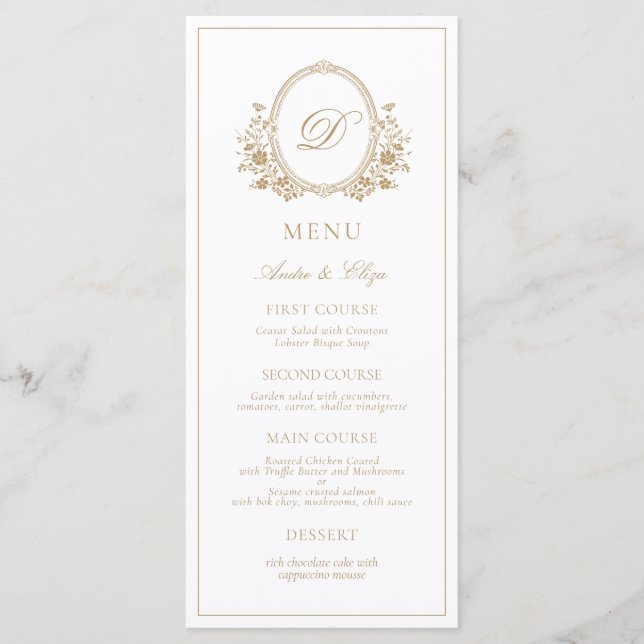 Classic Luxe Crest Monogram Menu Mariage (Devant)