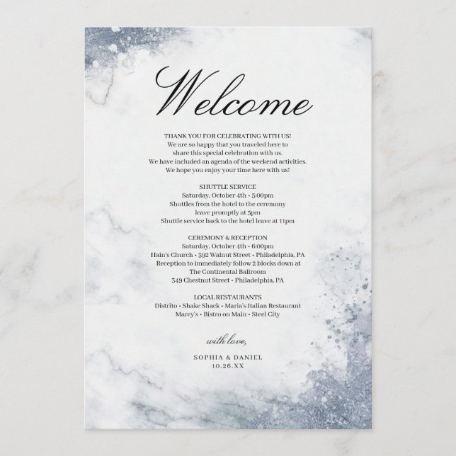 Classic Luxe Marble Wedding Welcome Itinerary Programm (Vorderseite)