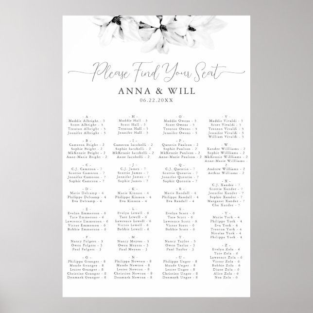 Classic Magnolia Schwarz-weiße Alphabetische Sitzp Poster (Vorne)
