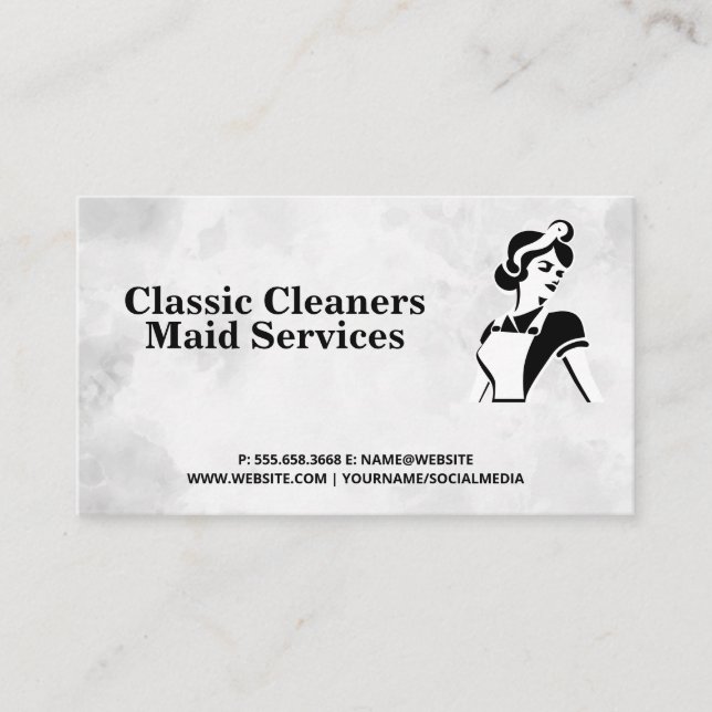 Classic Maid Schwarz-weiß | Zuhause-Reinigungsdien Visitenkarte (Vorderseite)