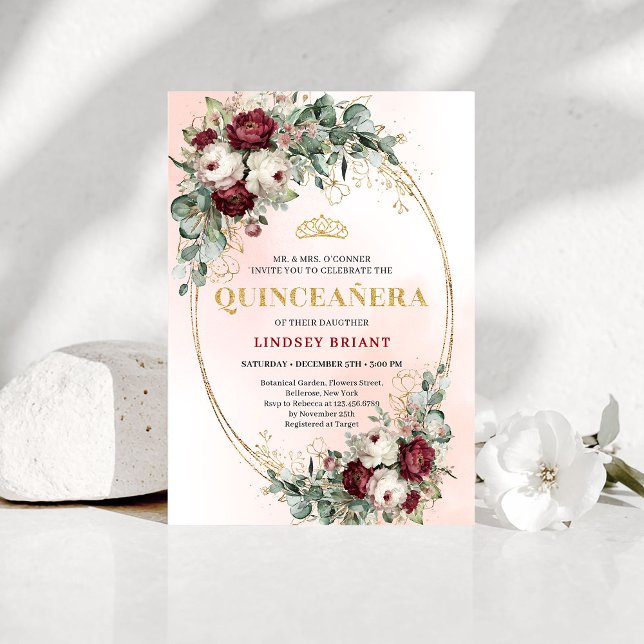 Classic Maroon Floral Greenery Quinceañera Invite Einladung (Classic Maroon Floral Greenery Quinceañera Invite)