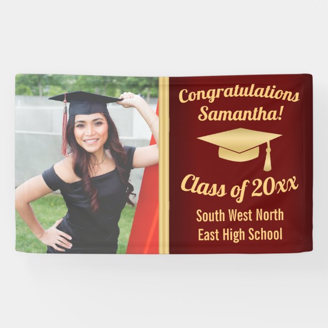 Classic Maroon Gold Custom Foto Abschluss Sign Banner (Horizontal)
