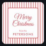 Classic Merry Christmas Square Sticker<br><div class="desc">Klassische Rot und Weiß Streifen Merry Christmas Square Aufkleber Etiketten</div>