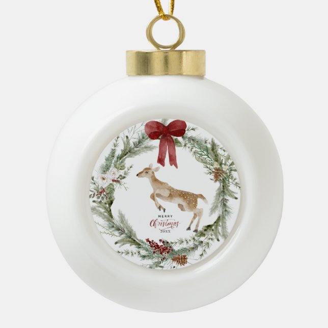 Classic Merry Christmas Winter Holiday Wreath Keramik Kugel-Ornament (Vorderseite)