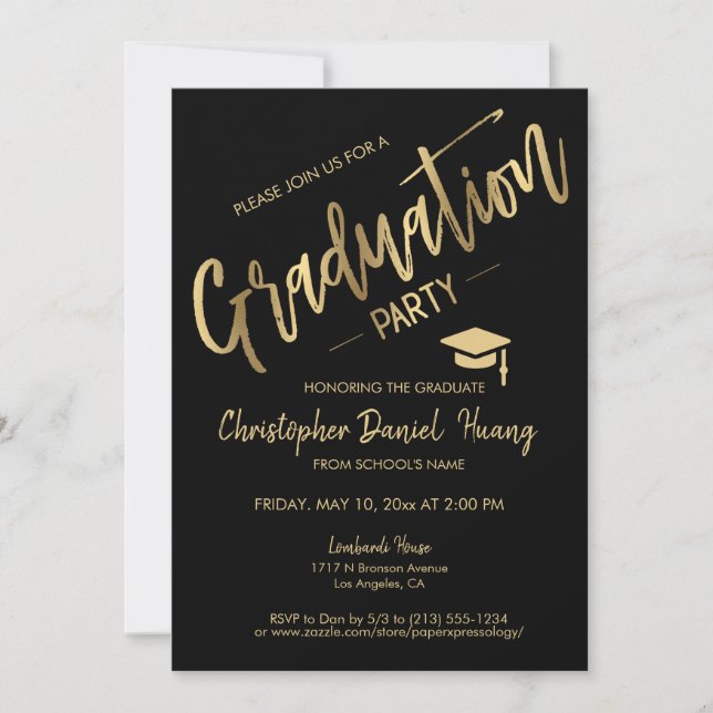 Classic Minimal Black Gold Graduation Party Foto Einladung (Vorderseite)
