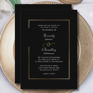 Classic Minimal Schwarz-weiß Gold Border Wedding Einladung