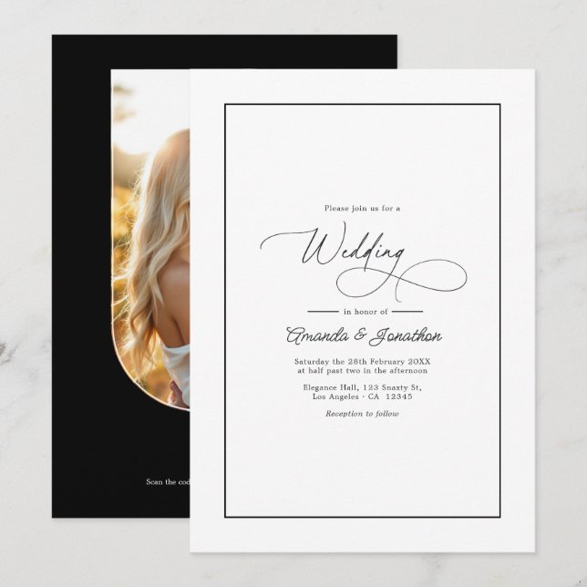 Classic Minimalist Black & White Wedding QR Code Einladung (Vorne/Hinten)