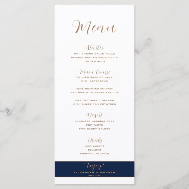 Classic Minimalist Gold Marine Blue Mariage Menu (Devant)