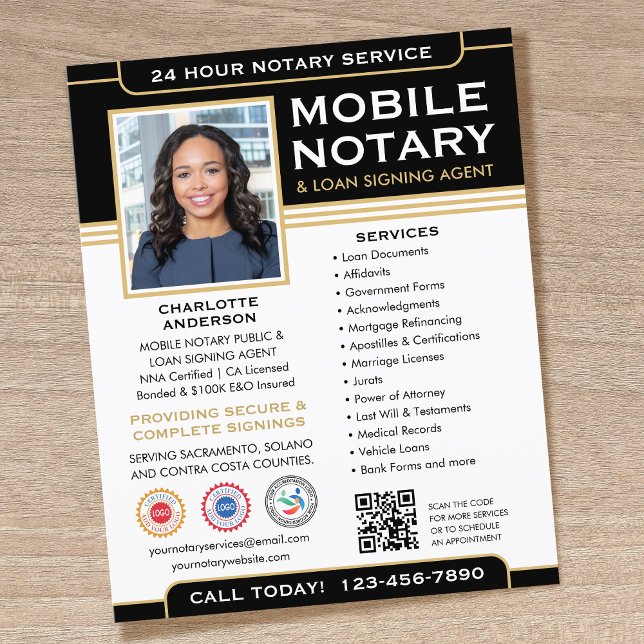 Classic Mobile Notary Public QR Code Black Gold Flyer (Von Creator hochgeladen)