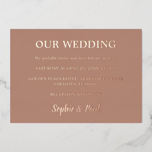 Classic Mocha Wedding Rose Gold Foil Einladung (Vorderseite)