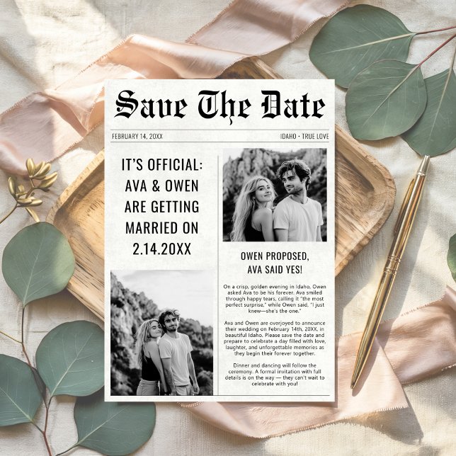 Classic Modern 2 Foto Wedding Newspaper Style Save The Date (Von Creator hochgeladen)