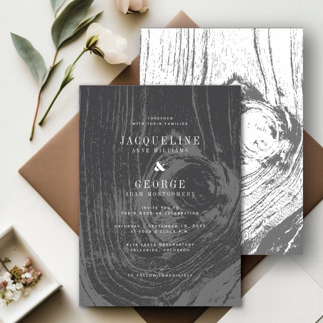 Classic Modern Rustic Woodgrain Winter Wedding Einladung (Black/White Classic Modern Rustic Woodgrain Winter Wedding Invitation @ fatfatin_blue_knot)