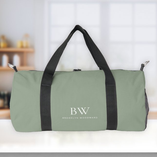 Classic Modern Stylish Sage Green White Monogram Duffle Bag (Von Creator hochgeladen)