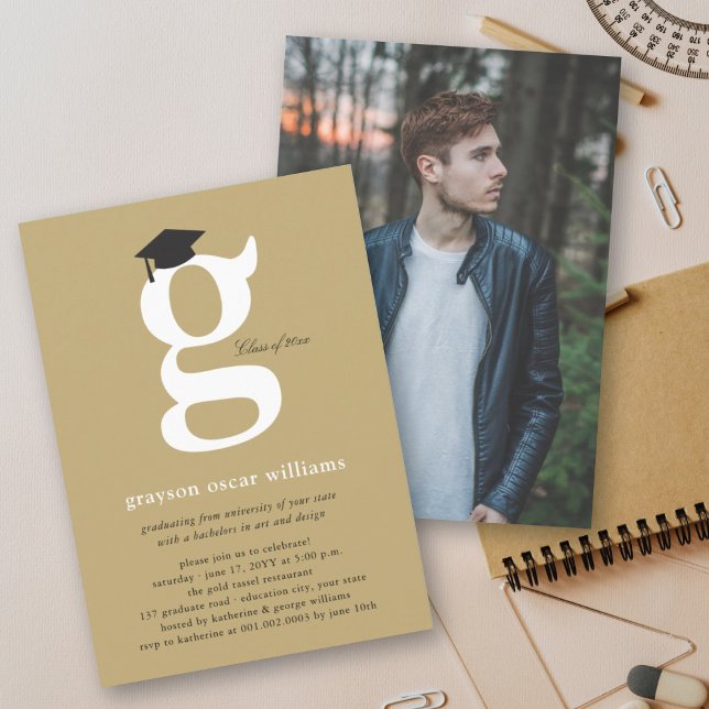 Classic Monogram Alphabet g Foto Graduation Party Einladung (Classic Monogram Alphabet 'g' Photo Simple Graduation Party Invitation @ zazzle.com/color_therapy)