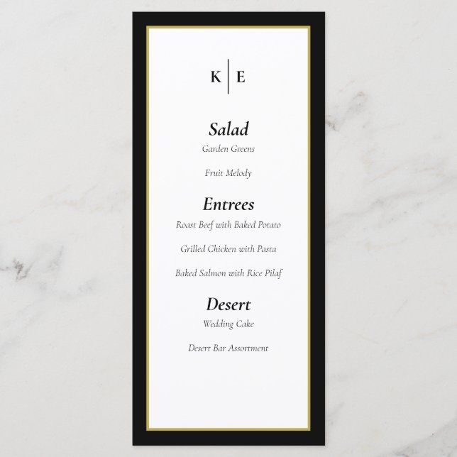 Classic Monogram Black Gold Wedding Menu Card Menükarte (Vorderseite)