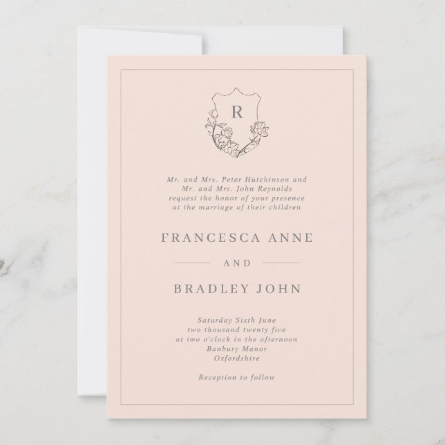 Classic Monogram Blush Jasmine Wappen Wedding Einladung (Vorderseite)