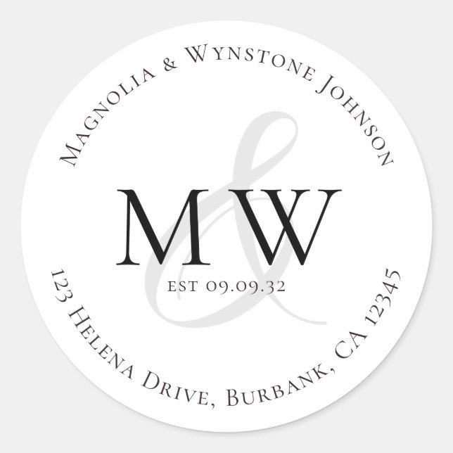 Classic Monogram Couple Rücksendeadresse Runder Aufkleber (Vorderseite)