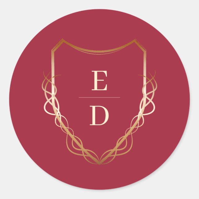 Classic Monogram Crimson Red Golden Runder Aufkleber (Vorderseite)