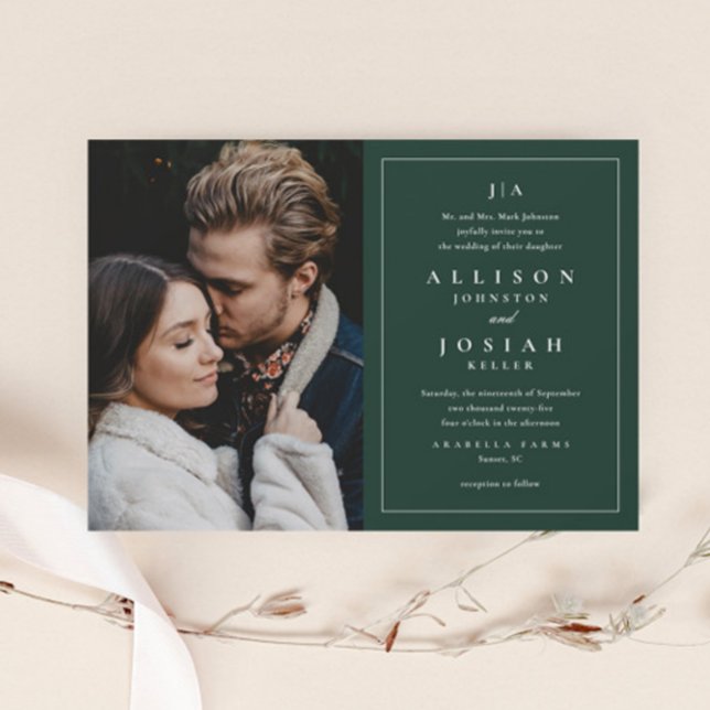 Classic Monogram Elegant Foto Wedding Einladung (Elegant Dark Green Photo Wedding Invitation.)