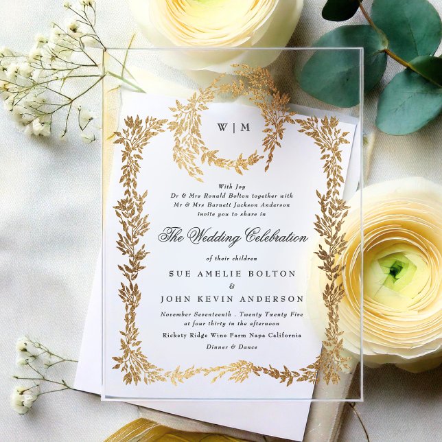 Classic Monogram Elegant Gold Wappen Wreath Weddin Acryleinladungen (Von Creator hochgeladen)