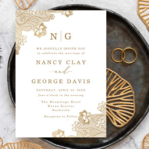 Classic Monogram Gold Lace Verziert White Wedding Einladung