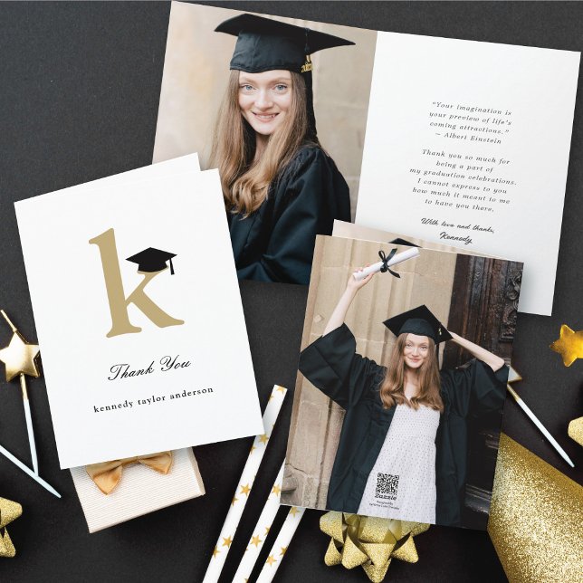 Classic Monogram K Graduation Cap Foto Modern Dankeskarte (Classic Monogram K Graduation Cap Modern Thank You Photo Folded Card @ zazzle.com/color_therapy)