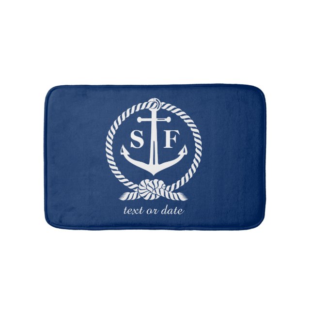 Classic Monogram Nautical Blue Anchor Beach Boat Badematte (Vorderseite)