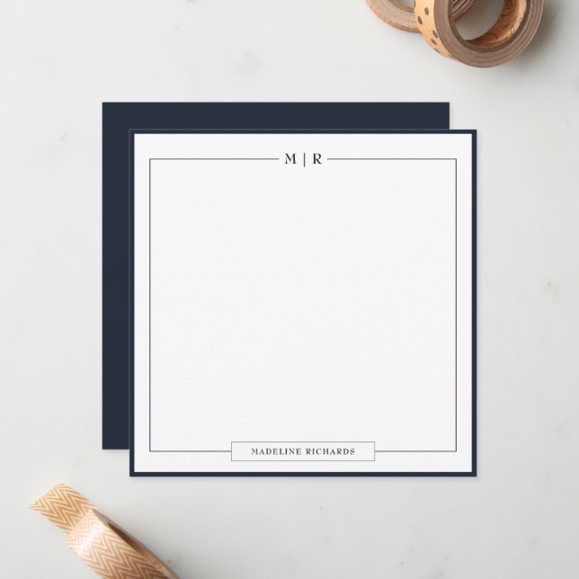 Classic Monogram Navy Blue Border Stationery Mitteilungskarte (Vorderseite/Rückseite Beispiel)