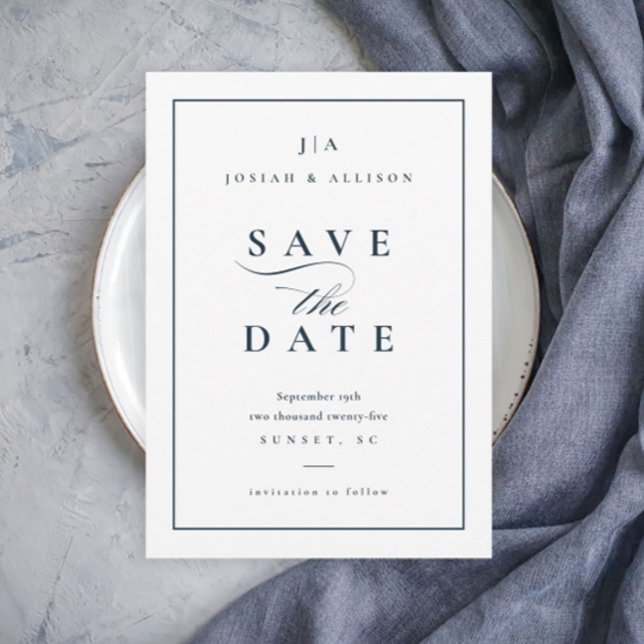 Classic Monogram Non Foto Navy Blue Wedding Save The Date (Elegant Simple Typography Navy Blue Wedding Save the Date.)