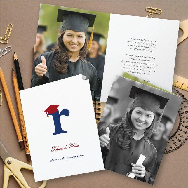 Classic Monogram R Graduation Cap Foto Modernes Dankeskarte (Classic Graduate's Monogram R Graduation Cap Photo Modern Thank You Card @ zazzle.com/color_therapy)