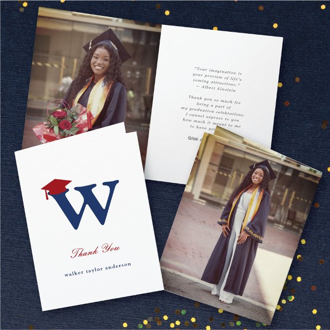 Classic Monogram W Graduation Cap Foto Modernes Dankeskarte (Classic Graduate's Monogram W Graduation Cap Photo Modern Thank You Card @ zazzle.com/color_therapy)