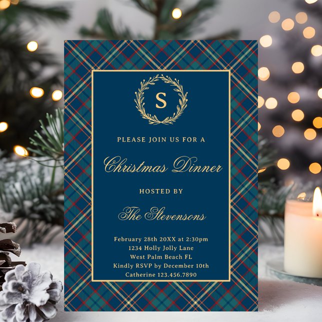 Classic Monogram Wreath Blue Kariert Weihnachts-Pa Einladung (Von Creator hochgeladen)
