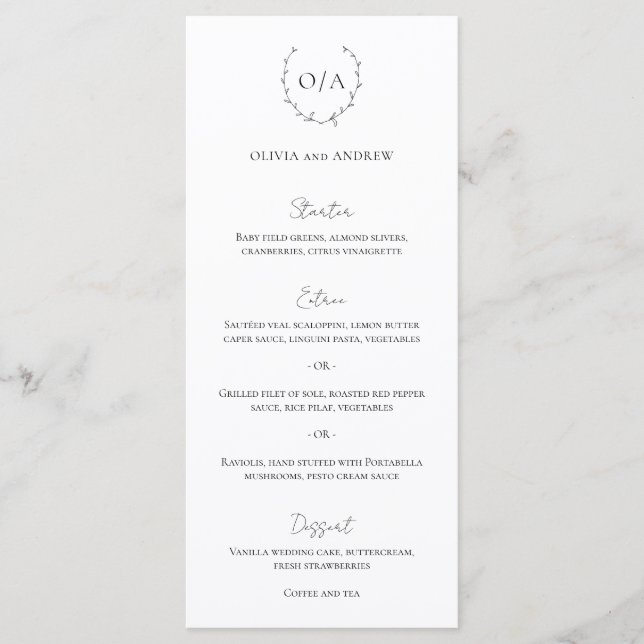 Classic Monogram Wreath Wappen Elegante Hochzeit Menükarte (Vorderseite)
