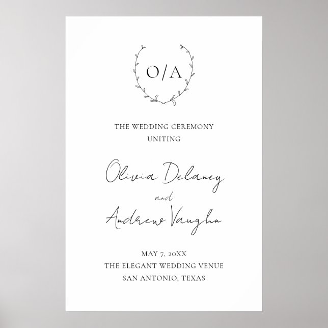 Classic Monogram Wreath Wappen Elegante Hochzeit Poster (Vorne)