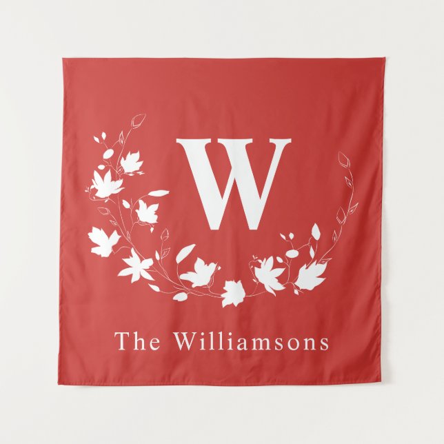 Classic Monogramm und Name Red Floral Wreath Custo Wandteppich (Vorderseite)