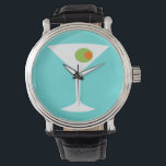 Classic Movie Martini Watch (Türkis) Armbanduhr<br><div class="desc">Die klassische Martini-Uhr mit türkisfarbenem Hintergrund und weißer Silhouette eines Martini-Glases. Im Inneren des Glases befindet sich ein herrlicher grüner Olivenbaum mit einem orangefarbenen Pimento. Das ist eine lustige Armbanduhr für alle,  die sich wünschen,  dass sie eine Figur in einem klassischen Film sind. Schütteln Sie bitte nicht um!</div>